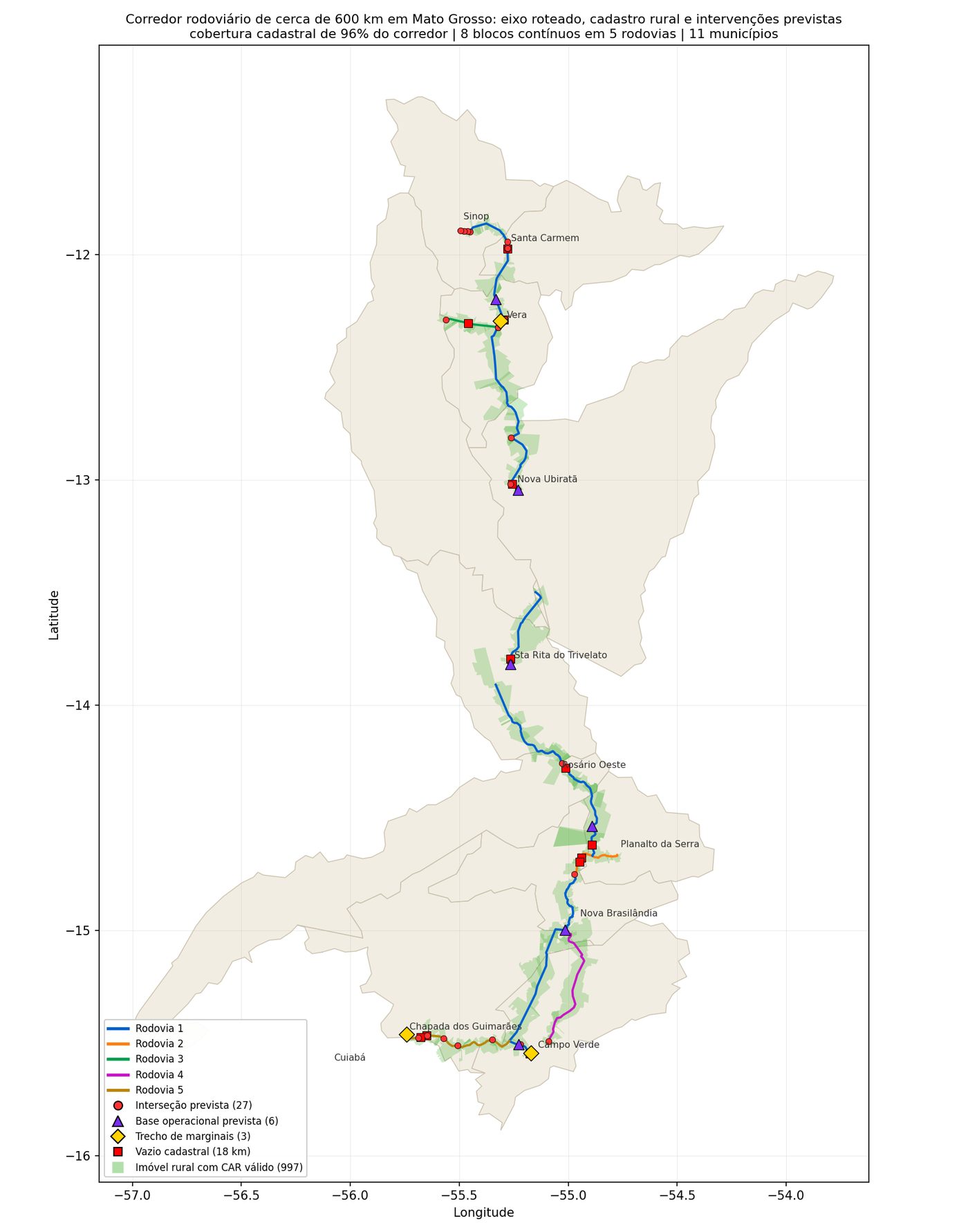 Mapa do corredor de 600 km com eixo roteado e cadastro rural